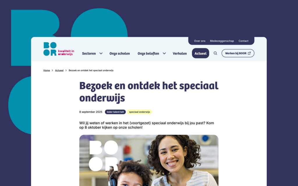 Screenshot van een artikel op de website van Stichting BOOR met de titel "Bezoek en ontdek het speciaal onderwijs", inclusief een foto van een lachende lerares en leerling.