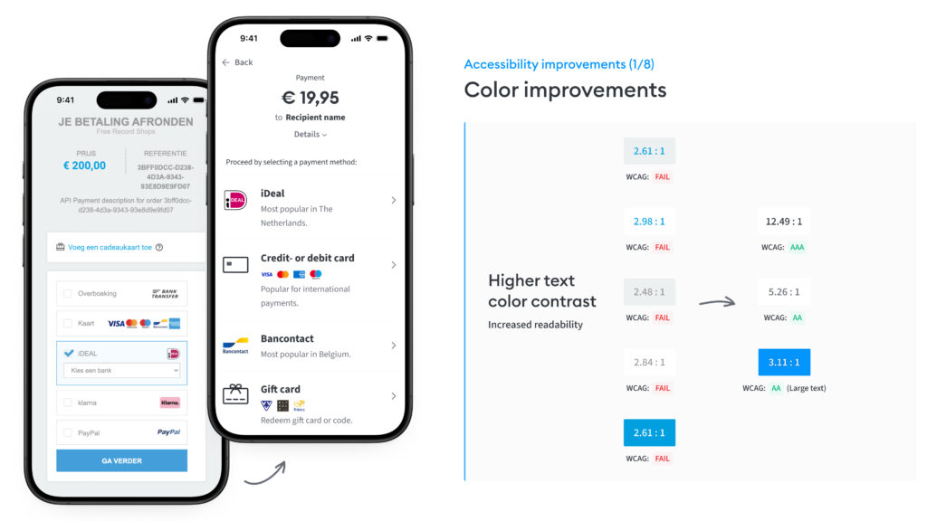 Een vergelijking van een mobiel betaalscherm met een WCAG-audit van kleurcontrasten, die toont hoe de contrastratio is verbeterd van 'FAIL' naar 'AA' en 'AAA'.