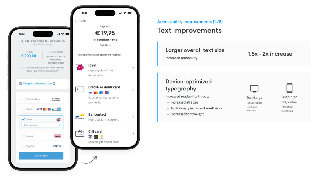 Een illustratie van tekstverbeteringen voor een mobiele interface, met voorbeelden van vergrote tekst en geoptimaliseerde typografie voor verschillende apparaten.
