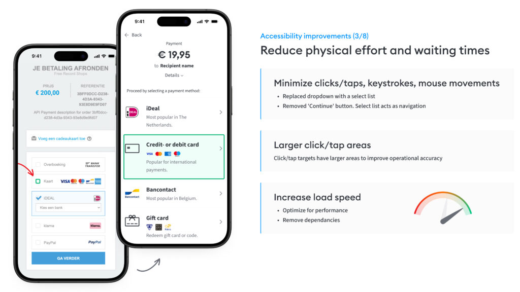 Een uitleg van verbeteringen om fysieke inspanning en wachttijden te verminderen, met voorbeelden van grotere klikgebieden en optimalisatie van laadsnelheid.