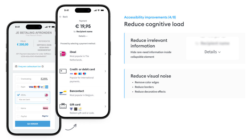 Een vergelijking van een mobiel betaalscherm dat laat zien hoe de cognitieve belasting wordt verminderd door irrelevante informatie te verbergen.