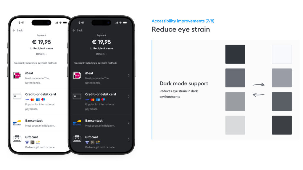 Een vergelijking van twee mobiele schermen die een lichte en donkere modus laten zien. Rechts staat 'Dark mode support' met een palet van grijstinten.
