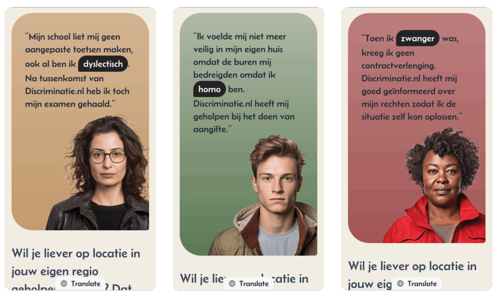 Drie mobiele schermen met ervaringsverhalen over discriminatie. De teksten gaan over dyslectisch zijn, homo zijn en zwanger zijn, elk met een portretfoto van een melder.