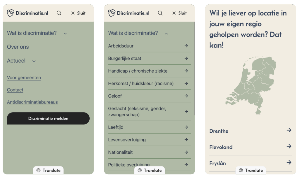 Drie mobiele schermen. Het eerste toont het uitgeklapte hoofdmenu met links zoals Contact en Discriminatie melden. Het tweede scherm toont het submenu van het hoofdmenu-item "Wat is discriminatie?". Het derde scherm toont een kaart en een lijst om een meldpunt in de eigen regio te vinden.