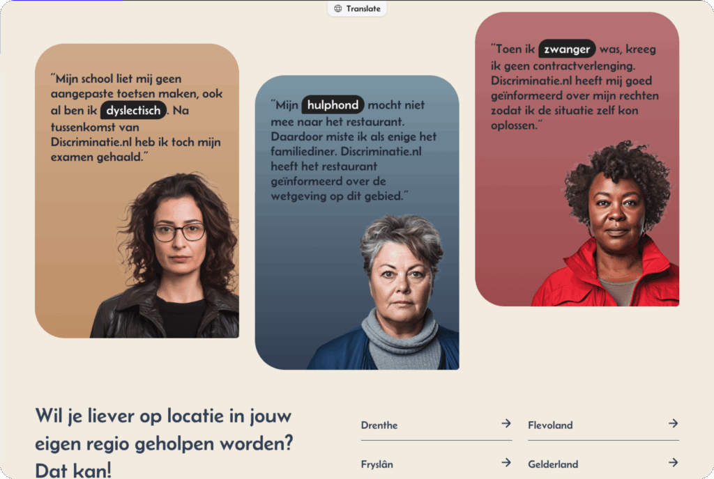 Desktop screenshot. Drie vakken met ervaringsverhalen van melders over discriminatie: vanwege dyslectisch zijn, vanwege een hulphond en vanwege zwangerschap. Daaronder staat een sectie om hulp in de eigen regio te zoeken.