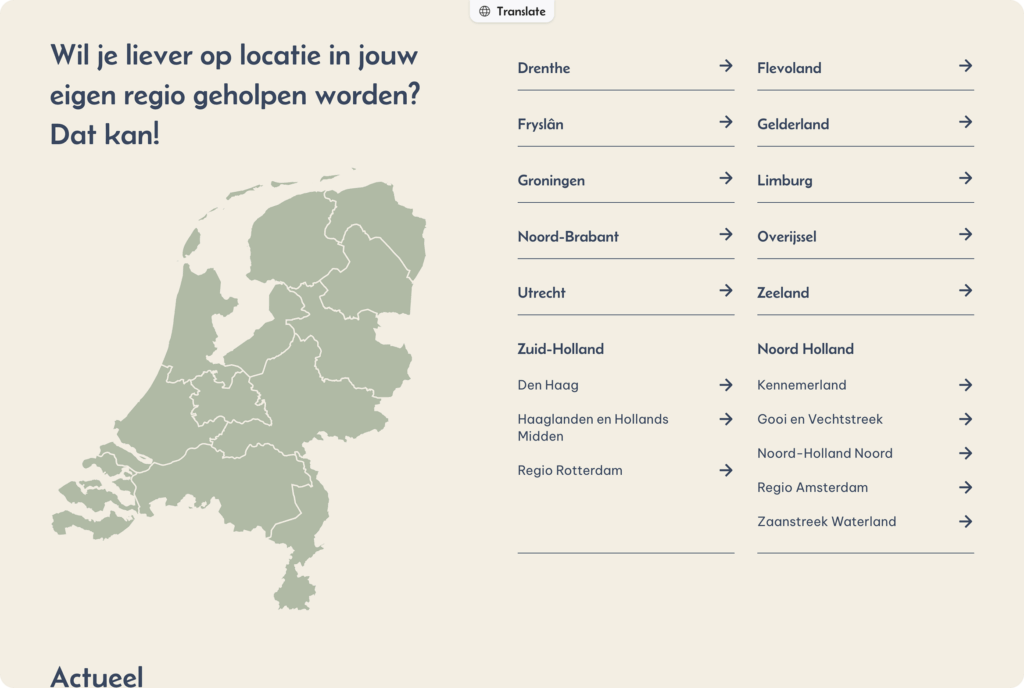 Desktop screenshot. De pagina "Wil je liever op locatie in jouw eigen regio geholpen worden?" met een kaart van Nederland en een lijst van provincies en regio's om een lokaal meldpunt te vinden.