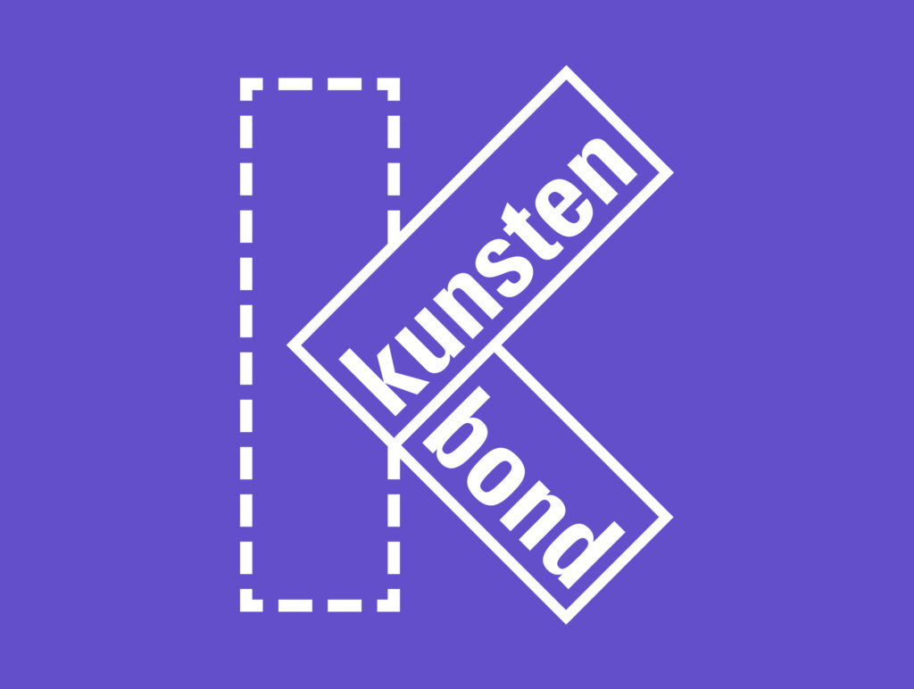 Het logo van de Kunstenbond, een paars vierkant met een witte letter K erop