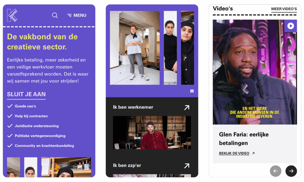 Drie screenshots van de mobiele Kunstenbond-website. De eerste toont de slogan en een lijst met voordelen voor leden. De tweede toont secties voor werknemers en zzp'ers. De derde is een overzicht van video's.