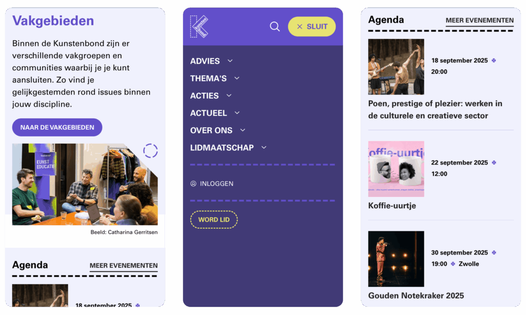 Drie screenshots van de mobiele Kunstenbond-website. De eerste toont een pagina over 'Vakgebieden' en evenementen. De tweede is het hoofdmenu met verschillende navigatieopties. De derde is een agenda-overzicht.
