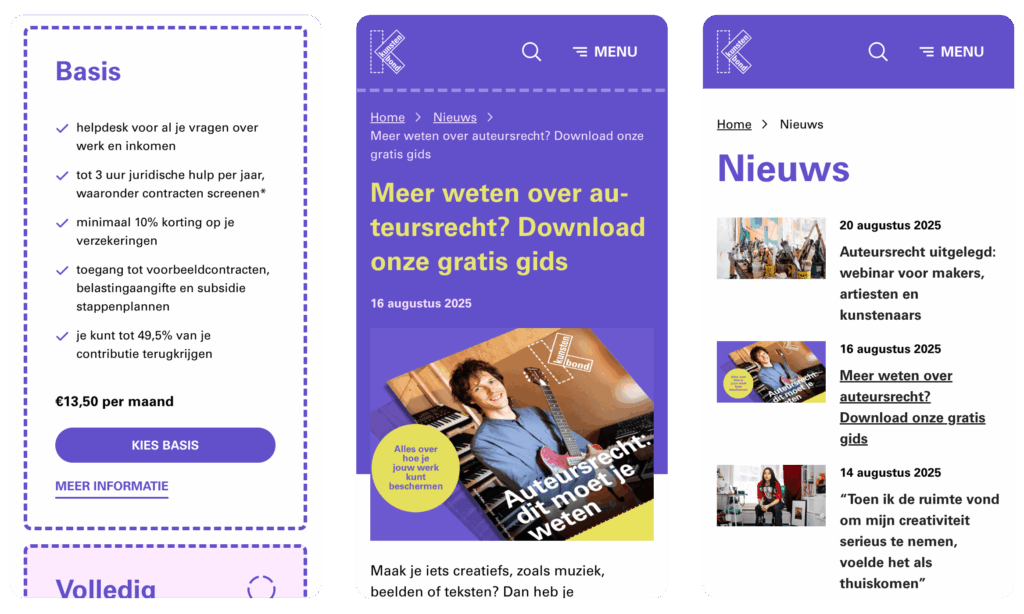 Drie screenshots van de mobiele Kunstenbond-website. De eerste toont de lidmaatschapsoptie 'Basis'. De tweede toont een artikel over auteursrecht. De derde is een nieuwsoverzicht.