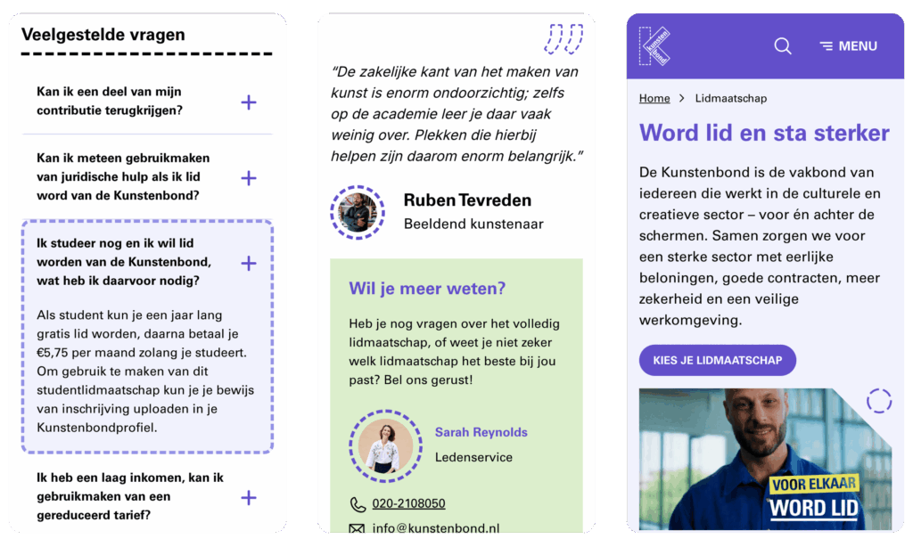 Drie screenshots van de mobiele Kunstenbond-website. De eerste toont de sectie 'Veelgestelde vragen'. De tweede toont een testimonial en contactinformatie. De derde is een pagina over de lidmaatschapsoptie 'Word lid en sta sterker'.