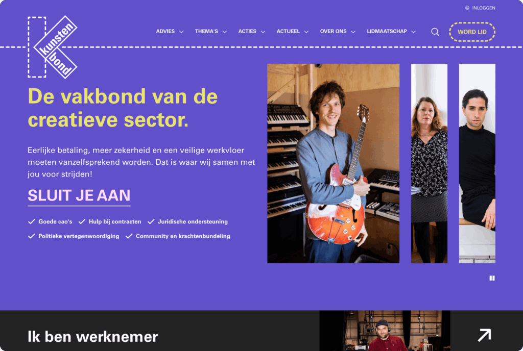 Een screenshot van de homepage van de Kunstenbond-website. De pagina toont de slogan 'De vakbond van de creatieve sector' en een carrousel met foto's van creatieve professionals.
