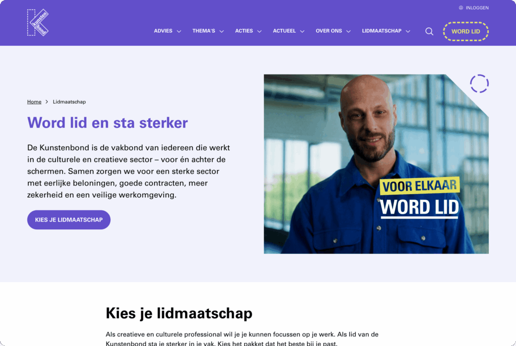 Een screenshot van de Kunstenbond-website met de kop 'Word lid en sta sterker' en een foto van een lachende man.