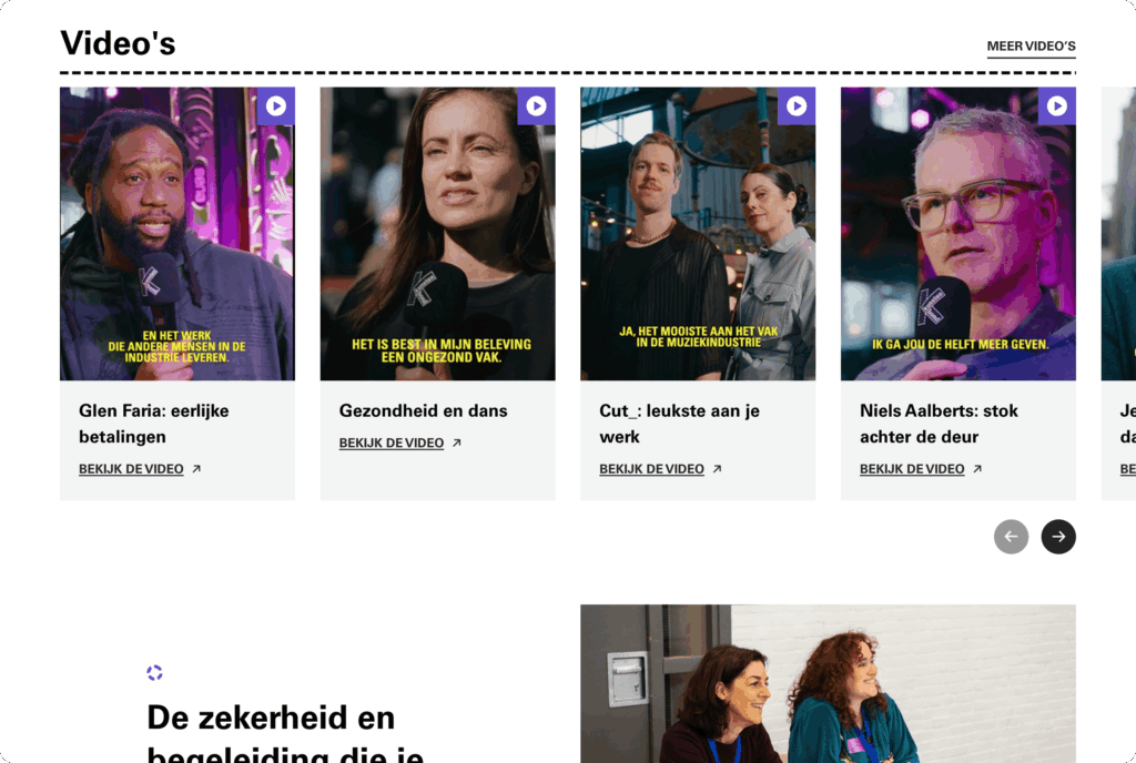 Een screenshot van de videosectie van de Kunstenbond-website. De pagina toont een carrousel met video's van verschillende sprekers die over hun werk praten.