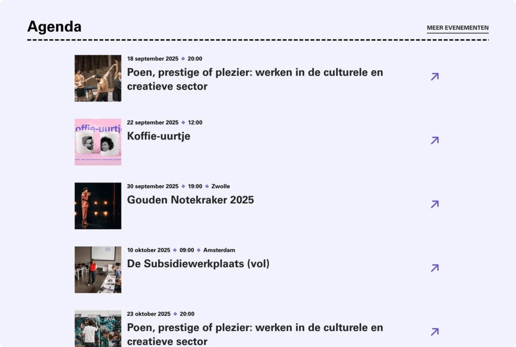 Een screenshot van de agendapagina van de Kunstenbond-website. De pagina toont een lijst met aankomende evenementen, zoals 'Koffie-uurtje' en 'Gouden Notenkraker 2025'.