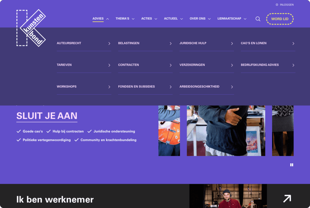 Een screenshot van de Kunstenbond-website met een dropdownmenu van de 'Advies'-sectie. Het menu toont verschillende onderwerpen zoals 'Auteursrecht', 'Belastingen' en 'Workshops'.