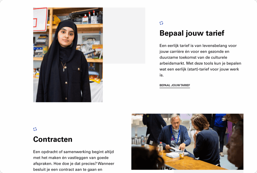 Een screenshot van de website van Kunstenbond. De pagina toont de secties 'Bepaal jouw tarief' en 'Contracten', elk met een bijbehorende afbeelding.
