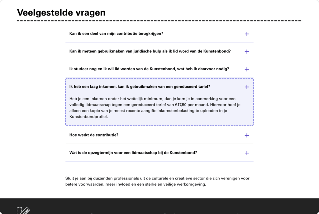 Een screenshot van de 'Veelgestelde vragen'-pagina van de Kunstenbond-website, met een uitklapbaar antwoord over een gereduceerd tarief voor leden met een laag inkomen.