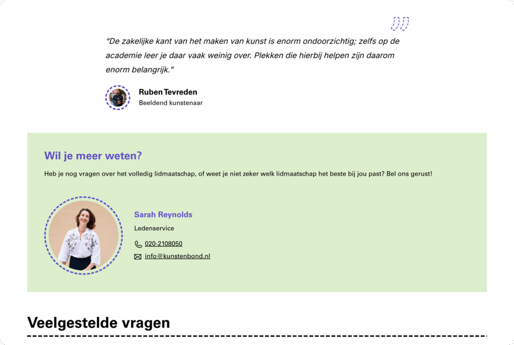Een screenshot van een testimonial van een kunstenaar genaamd Ruben Tevreden, gevolgd door contactinformatie van Sarah Reynolds.