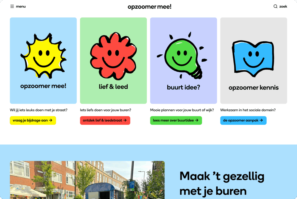 Screenshot van de homepage van de Opzoomer Mee-website, met vier gekleurde blokken en daarin illustraties van een zonnetje, een bloem, een gloeilamp en een boek.