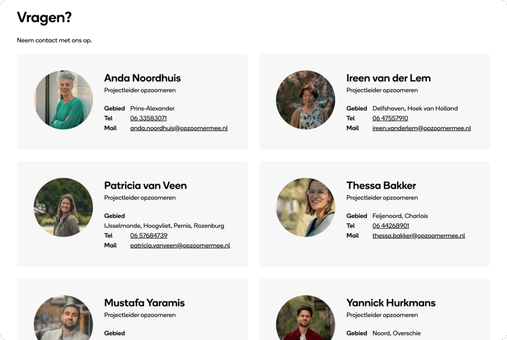 Screenshot van de 'Vragen?'-pagina waarop zes foto's en contactgegevens van projectleiders staan.