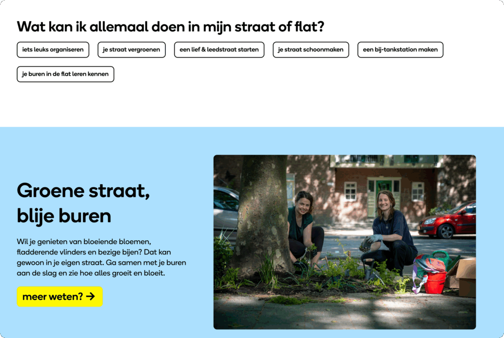 Screenshot van een websitepagina met de titel 'Wat kan ik allemaal doen in mijn straat of flat?' en een foto van twee vrouwen die bezig zijn met tuinieren.