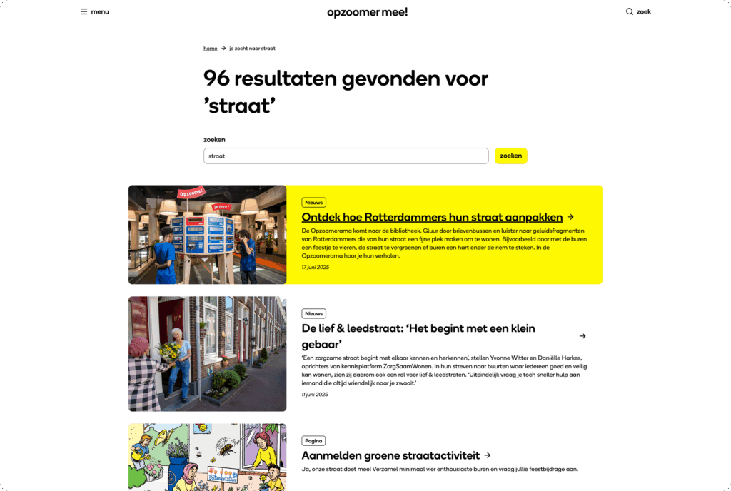Screenshot van de zoekresultatenpagina van de Opzoomer Mee-website, met de zoekterm 'straat' en drie resultaten met nieuws en pagina's.