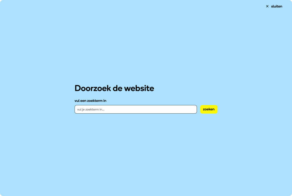 Screenshot van een pop-upvenster met het zoekveld van de Opzoomer Mee-website en de tekst 'Doorzoek de website'.