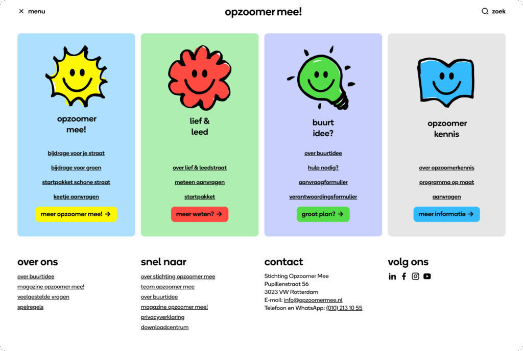 Screenshot van de website van Opzoomer Mee met de hoofdnavigatie die openstaat, en de footer met links naar 'over ons', 'snel naar' en 'contact'.
