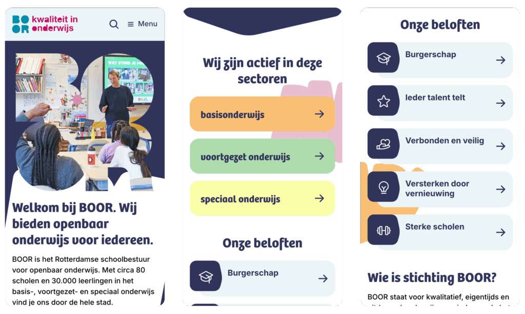 Drie mobiele screenshots: de homepage, de secties van BOOR en een overzicht van de beloften van BOOR.