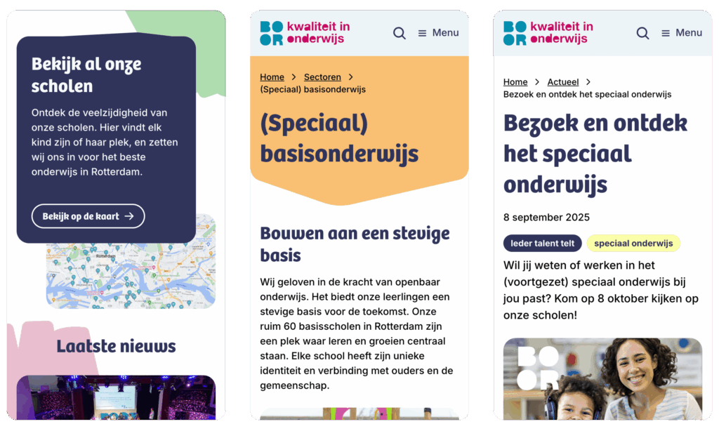 Drie mobiele screenshots: een overzicht van scholen, een pagina over speciaal basisonderwijs en een nieuwsbericht.