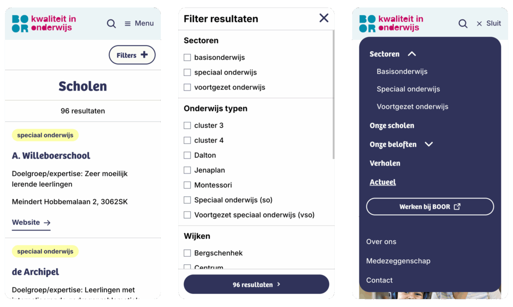 Drie mobiele screenshots: een lijst van scholen, een filtermenu voor scholen en het hoofdnavigatiemenu.
