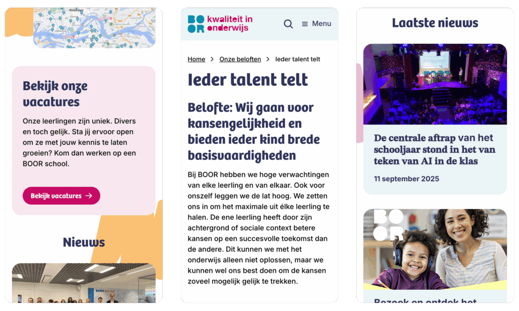 Drie mobiele screenshots: een vacatureoverzicht, een pagina over de belofte 'Ieder talent telt' en een sectie met nieuwsberichten.