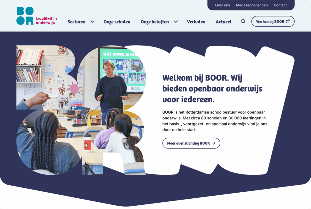 creenshot van de homepage van de BOOR-website met de kop 'Welkom bij BOOR. Wij bieden openbaar onderwijs voor iedereen.'