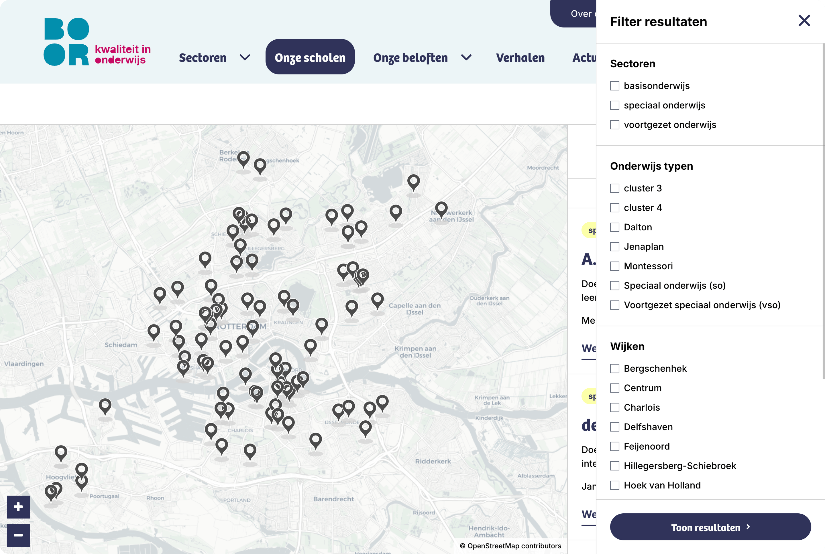 Screenshot van de BOOR-website met een kaart van Rotterdam waarop verschillende schoollocaties zijn gemarkeerd, naast een lijst met de namen van de scholen en de adresgegevens.