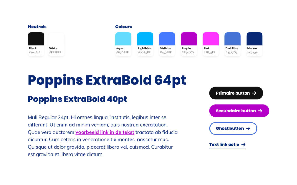 Brandstijlgids met kleuren, lettertypes (Poppins ExtraBold) en knopvoorbeelden van ICTU.