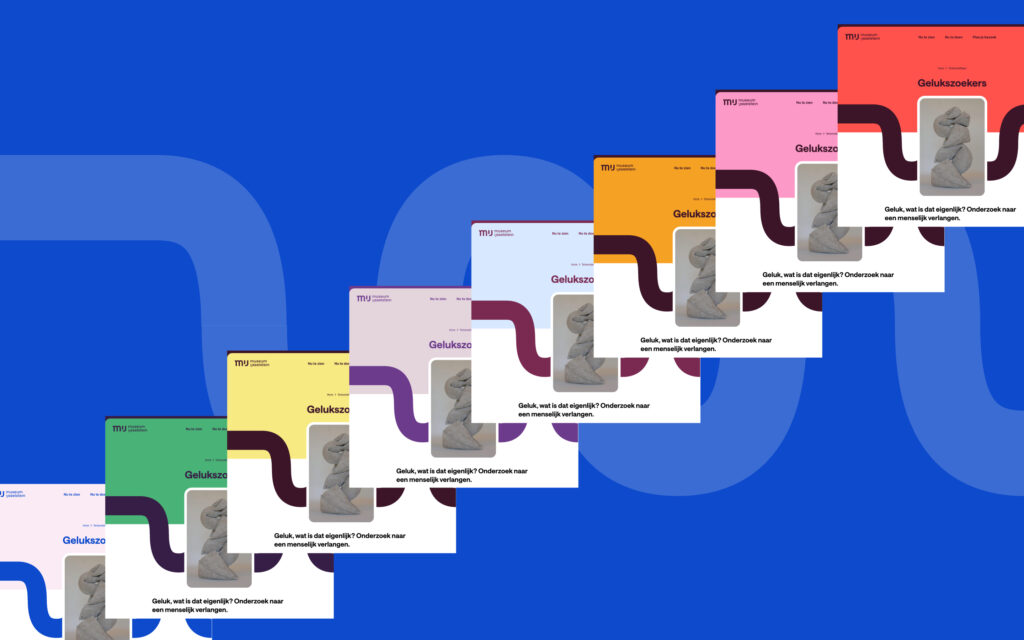 Grafische compositie van overlappende website-mocks in diverse heldere kleuren, tegen een blauwe achtergrond.