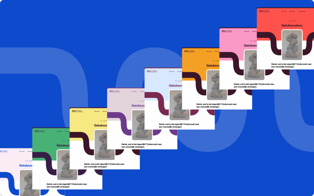 Grafische compositie van overlappende website-mocks in diverse heldere kleuren, tegen een blauwe achtergrond.