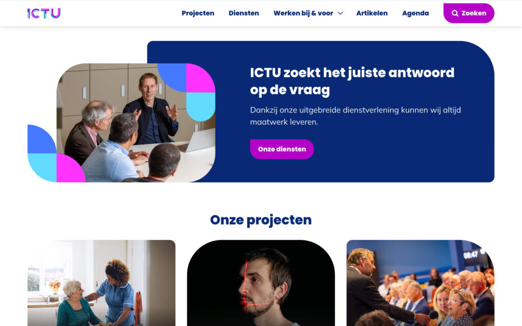 Schermafbeelding van de ICTU-webpagina 'Projecten' na het scrollen, met de vastgezette navigatiebalk bovenaan.