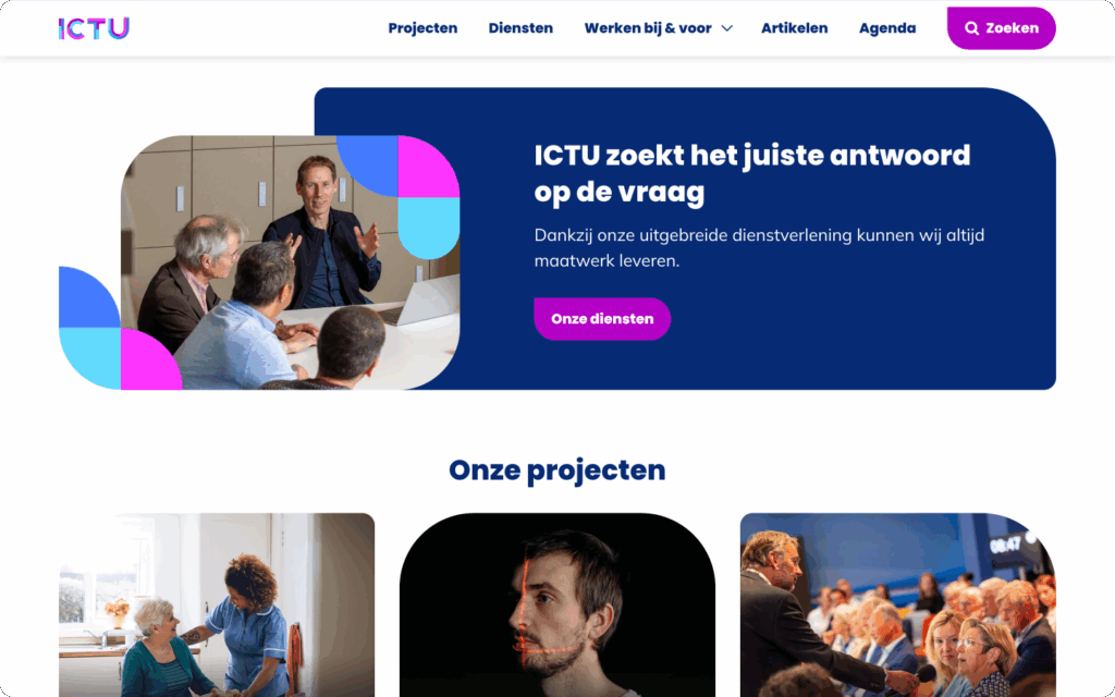 Schermafbeelding van de ICTU-webpagina 'Projecten' na het scrollen, met de vastgezette navigatiebalk bovenaan.