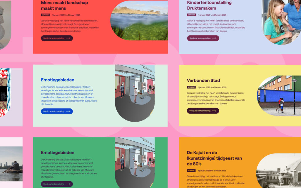 Collage van kleurrijke kaarten met titels van tentoonstellingen, zoals 'Emotiegebieden' en 'Verbonden Stad' met bijbehorende afbeeldingen.