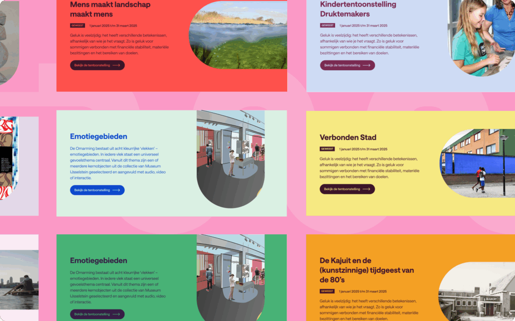 Collage van kleurrijke kaarten met titels van tentoonstellingen, zoals 'Emotiegebieden' en 'Verbonden Stad' met bijbehorende afbeeldingen.