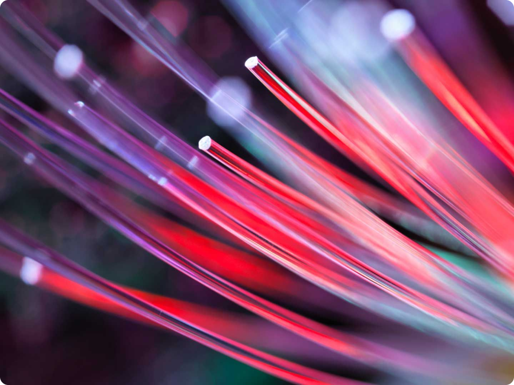 Illustrative afbeelding. Close-up abstracte foto van oplichtende roze, rode en paarse glasvezelkabels.