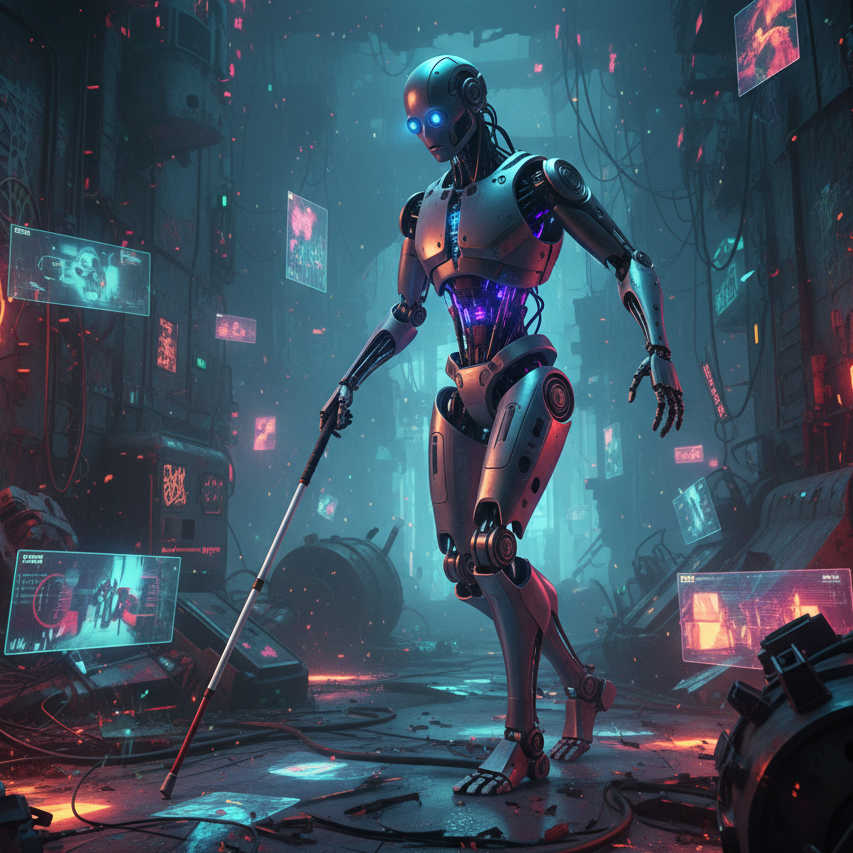 Een robot (humanoid) die moeizaam door een chaotische wereld beweegt met behulp van een taststok. Staat symbool voor de complexiteit van robots om een wereld die niet voor ze gemaakt is te interpeteren.