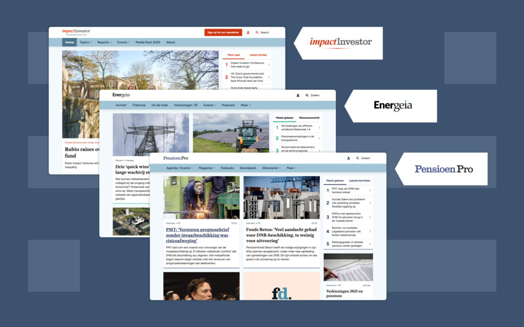 Grafische collage van de websites van Impact Investor, Energeia en Pensioen Pro (light theme).