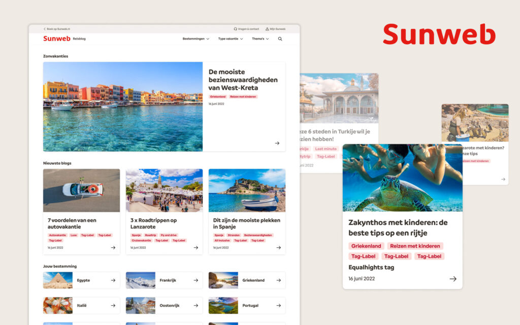 Overzicht van de Sunweb reisblog-homepage met thumbnails van vakantie-artikelen en een overzicht van populaire bestemmingen.