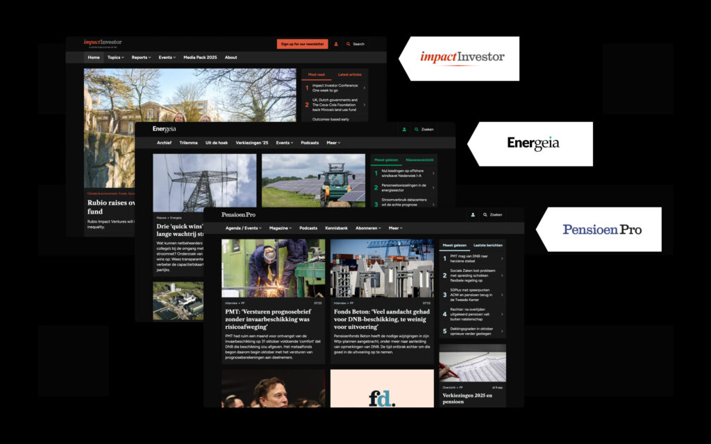 Grafische collage van de websites en logo's van Impact Investor, Energeia en Pensioen Pro (dark theme)
