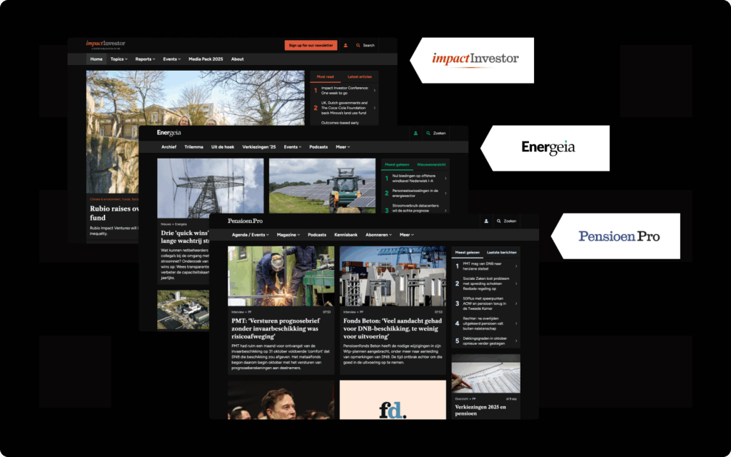 Grafische collage van de websites en logo's van Impact Investor, Energeia en Pensioen Pro (dark theme)