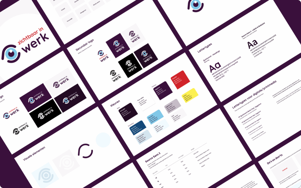 Overzicht van de huisstijl van Zichtbaar in Werk, inclusief logo-variaties, kleurenpalet en lettertypes.