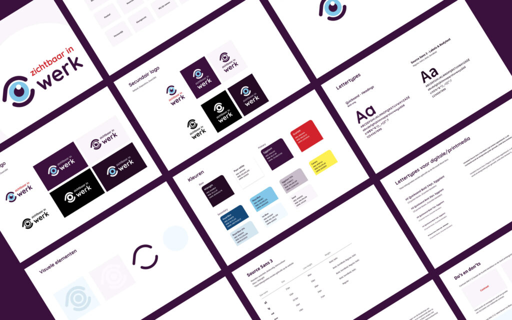 Overzicht van de huisstijl van Zichtbaar in Werk, inclusief logo-variaties, kleurenpalet en lettertypes.